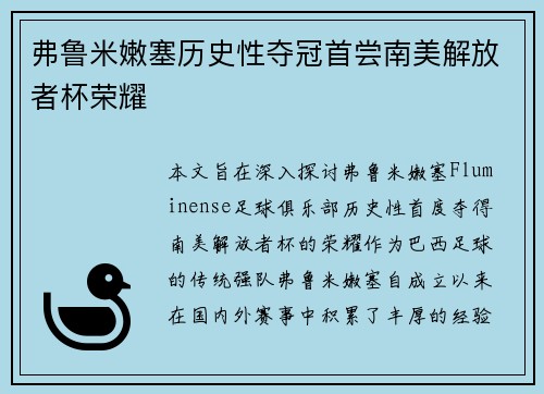 弗鲁米嫩塞历史性夺冠首尝南美解放者杯荣耀