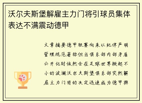 沃尔夫斯堡解雇主力门将引球员集体表达不满震动德甲